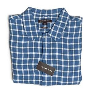 Michael Kors Men's XL Classic Fit Linen Shirt Blue Check Long Sleeve NEW